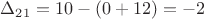 $\Delta_{21} =10 -(0+12)=-2$