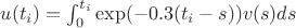 $u(t_i)=\int_0^{t_i} {\exp(-0.3(t_i-s))v(s)ds}$