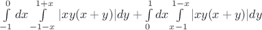 $\int\limits_{ - 1}^0 {dx\int\limits_{ - 1 - x}^{1 + x} {\left| {xy(x + y)} \right|} } dy + \int\limits_0^1 {dx\int\limits_{x - 1}^{1 - x} {\left| {xy(x + y)} \right|} } dy$
