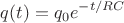 $$q(t)=q_0 e^{-t/RC}$$ $$q(t)=q_0 e^{-t/RC}$$