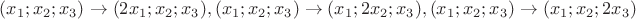 $(x_1; x_2; x_3)\rightarrow (2x_1; x_2; x_3), (x_1; x_2; x_3)\rightarrow (x_1; 2x_2; x_3), (x_1; x_2; x_3)\rightarrow (x_1; x_2; 2x_3)$