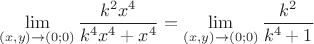 $\displaystyle\lim_{(x,y)\to(0;0)}\dfrac{k^2x^4}{k^4x^4+x^4}=\displaystyle\lim_{(x,y)\to(0;0)}\dfrac{k^2}{k^4+1}$ $\displaystyle\lim_{(x,y)\to(0;0)}\dfrac{k^2x^4}{k^4x^4+x^4}=\displaystyle\lim_{(x,y)\to(0;0)}\dfrac{k^2}{k^4+1}$