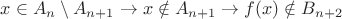 $x \in A_n \setminus A_{n + 1} \rightarrow x \notin A_{n + 1} \rightarrow f(x) \notin B_{n + 2}$