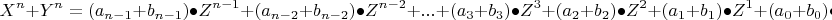 \[ 
X^n  + Y^n  = (a_{n - 1}  + b_{n - 1} ) \bullet Z^{n - 1}  + (a_{n - 2}  + b_{n - 2} ) \bullet Z^{n - 2}  + ... + (a_3  + b_3 ) \bullet Z^3  + (a_2  + b_2 ) \bullet Z^2  + (a_1  + b_1 ) \bullet Z^1  + (a_0  + b_0 ) \bullet Z^0 (24) 
\]