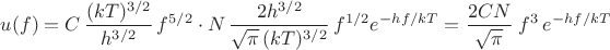 $$u(f) = C\,\frac{(kT)^{3/2}}{h^{3/2}}\,f^{5/2}\cdot N\,\frac{2h^{3/2}}{\sqrt{\pi}\,(kT)^{3/2}}\,f^{1/2}e^{-hf/kT} = \frac{2CN}{\sqrt{\pi}}\;f^{3}\,e^{-hf/kT}$$ $$u(f) = C\,\frac{(kT)^{3/2}}{h^{3/2}}\,f^{5/2}\cdot N\,\frac{2h^{3/2}}{\sqrt{\pi}\,(kT)^{3/2}}\,f^{1/2}e^{-hf/kT} = \frac{2CN}{\sqrt{\pi}}\;f^{3}\,e^{-hf/kT}$$