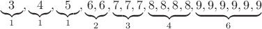 $$\underbrace{3}_{1}, \underbrace{4}_{1}, \underbrace{5}_{1}, \underbrace{6, 6}_{2}, \underbrace{7, 7, 7}_{3}, \underbrace{8, 8, 8, 8}_{4}, \underbrace{9, 9, 9, 9, 9, 9}_{6}$$