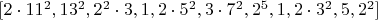 $[ 2\cdot 11^2, 13^2, 2^2 \cdot 3, 1, 2 \cdot 5^2, 3 \cdot 7^2, 2^5, 1, 2 \cdot 3^2, 5, 2^2 ]$