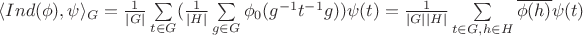 $\langle Ind (\phi), \psi \rangle_G = \frac{1}{|G|} \sum\limits_{t \in G} ( \frac{1}{|H|} \sum\limits_{g \in G} \phi_0 (g^{-1} t^{-1} g ) ) \psi(t) =  \frac{1}{|G||H|} \sum\limits_{t \in G, h \in H} \overline{\phi(h)} \psi(t)$