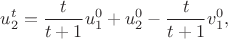 $$u_2^t=\frac{t}{t+1}u_1^0+u_2^0-\frac{t}{t+1}v_1^0,$$