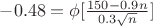 $-0.48=\phi[\frac{150-0.9n}{0.3\sqrt{n}}]$
