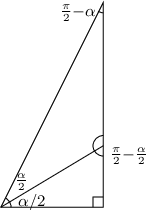 $\begin{tikzpicture}
\draw (0,0)--(2,4)--(2,0)--cycle;
\draw (0,0)--(2,1.2);
\draw (1.8,0)--(1.8,0.2)--(2,0.2);
\draw (0.2,0) arc (0:60:0.2);
\node at (0.6,0.1) {\small$\alpha/2$};
\node at (0.4,0.5) {\small$\frac{\alpha}{2}$};
\node at (2.5,1.0) {\small$\frac{\pi}{2}{-}\frac{\alpha}{2}$};
\draw (2,1.4) arc (90:270:0.2);
\node at (1.5,3.8) {\small$\frac{\pi}{2}{-}\alpha$};
\draw (2,3.8) arc (-90:-120:0.2);
\end{tikzpicture}$