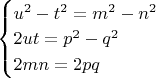 $\begin{cases}
u^2-t^2=m^2-n^2\\
2ut=p^2-q^2\\
2mn=2pq\\
\end{cases}$