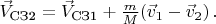 $\vec{V}_{\text{СЗ2}}=\vec{V}_{\text{СЗ1}}+\frac{m}{M} ( \vec{v}_1-\vec{v}_2 ) \, .$