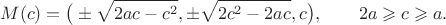$$
M(c) = \big(\pm \sqrt{2 a c - c^2}, \pm \sqrt{2 c^2 - 2 a c}, c\big), \qquad 2a \geqslant c \geqslant a.
$$