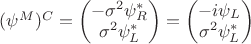 $(\psi^M)^C=\begin{pmatrix}-\sigma^2\psi_R^*  \\ \sigma^2\psi_L^*\end{pmatrix}=\begin{pmatrix}-i\psi_L  \\ \sigma^2\psi_L^*\end{pmatrix}$