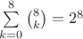 $\sum\limits_{k=0}^8\binom{8}{k}=2^8$