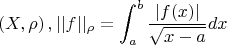 $$\left(X,\rho\right),||f||_{\rho }=\int_a^b \frac{|f(x)|}{\sqrt{x-a}}dx$$