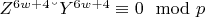 $Z^{6w +4} &ndash;Y^{6w +4}\equiv 0\mod p$