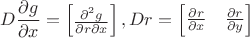 $$D\frac{\partial g}{\partial x}=\begin{bmatrix}\frac{\partial^{2}g}{\partial r\partial x}\end{bmatrix},Dr=\begin{bmatrix}\frac{\partial r}{\partial x} & \frac{\partial r}{\partial y}\end{bmatrix} $$