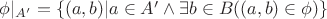 $\phi|_{A'}=\{(a,b)|a\in A'\wedge\exists b\in B((a,b)\in \phi)\}$