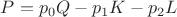 $P=p_0Q-p_1K-p_2L$
