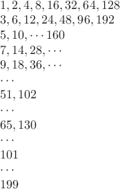 $\\1,2,4,8,16,32,64,128\\
3,6,12, 24,48,96,192\\
5,10,\cdots 160\\
7,14,28, \cdots\\
9,18,36, \cdots\\
\cdots\\
51,102\\
\cdots\\
65,130\\
\cdots\\
101\\
\cdots\\
199$