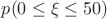 $p(0 \le \xi \le 50)$