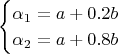 $$
\begin{cases}
  \alpha_1 = a + 0.2 b \\
  \alpha_2 = a + 0.8 b
\end{cases}
$$
