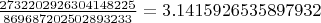 $\frac{2732202926304148225}{869687202502893233} = 3.1415926535897932$