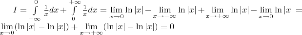 $I = \int\limits_{-\infty}^{0} \frac{1}{x} dx +  \int\limits_{0}^{+\infty} \frac{1}{x} dx = \lim\limits_{x \to 0} \ln|x| - \lim\limits_{x \to -\infty}  \ln|x| + \lim\limits_{x \to +\infty}  \ln|x| - \lim\limits_{x \to 0} \ln|x| = \lim\limits_{x \to 0} (\ln|x| - \ln|x|) + \lim\limits_{x \to +\infty}  (\ln|x| - \ln|x|) = 0$