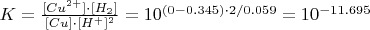 $K=\frac{[Cu^{2+}]\cdot[H_2]}{[Cu]\cdot[H^+]^2}=10^{(0-0.345)\cdot2/0.059}=10^{-11.695}$