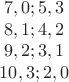 $$\begin{matrix}
7,0;5,3\\ 8,1;4,2\\ 9,2;3,1\\ 10,3;2,0
\end{matrix}$$