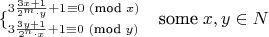 $$\lbrace^{3\frac{3x+1}{2^m\cdot y}+1\equiv0 \; (\text{mod} \; x)}_{{3\frac{3y+1}{2^n\cdot x}+1\equiv0 \; (\text{mod} \; y)}}\quad \text{some} \; x,y \in N $$