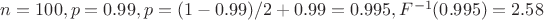 $n=100, p=0.99, p_{мах}=(1-0.99)/2+0.99=0.995, F^{-1}(0.995)=2.58$