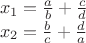 $\\x_1=\frac a b +\frac c d\\
x_2=\frac b c +\frac d a$