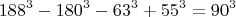 $$188^3-180^3-63^3+55^3=90^3$$
