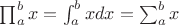$\prod_a^b x = \int_a^bx dx = \sum_a^b x$