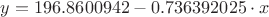 $y=196.8600942-0.736392025\cdot x$