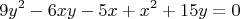 $$9y^2-6xy-5x+x^2+15y=0$$