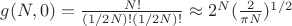 $g(N,0)=\frac{N!}{(1/2 N)!(1/2 N)!}\approx 2^N (\frac{2}{\pi N})^{1/2}$