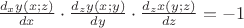 $\frac{d_xy(x;z)}{dx}\cdot\frac{d_zy(x;y)}{dy}\cdot\frac{d_zx(y;z)}{dz}=-1$