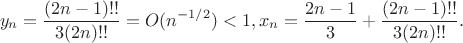 $$y_n=\frac{(2n-1)!!}{3(2n)!!}=O(n^{-1/2})<1,x_n=\frac{2n-1}{3}+\frac{(2n-1)!!}{3(2n)!!}.$$