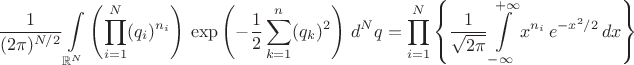 $$\dfrac{1}{(2\pi)^{N/2}}\int\limits_{\mathbb R^N}\left(\prod\limits_{i=1}^N (q_i)^{n_i}\right)\,\exp\left(-\dfrac{1}{2}\sum\limits_{k=1}^n (q_k)^2 \right)\,d^N q=\prod\limits_{i=1}^N \left\{\dfrac{1}{\sqrt{2\pi}}\int\limits_{-\infty}^{+\infty} x^{n_i}\,e^{-x^2/2}\,dx\right\}$$