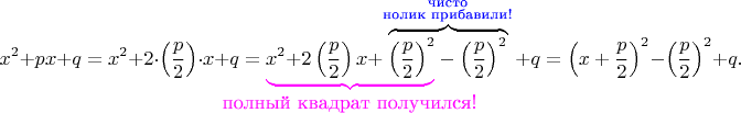 $$x^2+px+q=x^2+2\cdot\left(\frac{p}2}\right)\cdot x+q=
\makebox[0pt][l]{\color{magenta}\underbrace{\hphantom{x^2+2\left(\frac{p}2\right)+ \left(\frac{p}2\right)^2}\vphantom{x^2+2\left(\frac{p}2\right) x+\left(\frac{p}2\right)^2}}_{\makebox[0pt][c]{полный квадрат получился!}}}
x^2+2\left(\frac{p}2}\right) x+\overbrace{\left(\frac{p}2\right)^2-\left(\frac{p}2\right)^2}^\substack{\text{\color{blue}чисто}\\ \text{\color{blue}нолик прибавили!}}} + q =\left(x+\frac{p}2}\right)^2-\left(\frac{p}2}\right)^2+q.$$