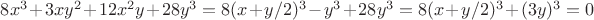 $8x^3+3xy^2+12x^2y+28y^3=8(x+y/2)^3-y^3+28y^3=8(x+y/2)^3+(3y)^3=0$