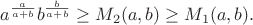 $$
a^{\frac{a}{a+b}} b^{\frac{b}{a+b}} \ge M_2(a,b) \ge M_1(a,b).
$$