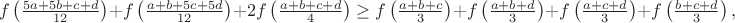 $$f\left(\tfrac{5a+5b+c+d}{12}\right)+f\left(\tfrac{a+b+5c+5d}{12}\right)+2f\left(\tfrac{a+b+c+d}{4}\right)\geq f\left(\tfrac{a+b+c}{3}\right)+f\left(\tfrac{a+b+d}{3}\right)+f\left(\tfrac{a+c+d}{3}\right)+f\left(\tfrac{b+c+d}{3}\right),$$