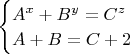 $\begin{cases}A^x+B^y=C^z\\A+B=C+2\end{cases}$