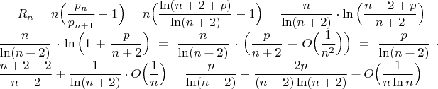 $R_n=n\Big(\dfrac{p_n}{p_{n+1}}-1 \Big)=n\Big(\dfrac{\ln (n+2+p)}{\ln (n+2)}-1} \Big)=\dfrac{n}{\ln(n+2)}\cdot \ln\Big(\dfrac{n+2+p}{n+2} \Big)=\dfrac{n}{\ln(n+2)}\cdot \ln\Big(1+\dfrac{p}{n+2} \Big)=\dfrac{n}{\ln(n+2)}\cdot \Big(\dfrac{p}{n+2}+O\Big (\dfrac{1}{n^2}\Big ) \Big)=\dfrac{p}{\ln(n+2)}\cdot \dfrac{n+2-2}{n+2}+\dfrac{1}{\ln(n+2)}\cdot O \Big(\dfrac{1}{n} \Big)=\dfrac{p}{\ln(n+2)}-\dfrac{2p}{(n+2)\ln(n+2)}+O\Big (\dfrac{1}{n\ln n} \Big)$