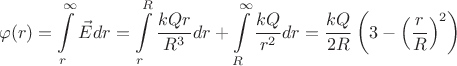 $$\varphi(r)=\int\limits_{r}^{\infty} \vec{E}dr = \int\limits_{r}^{R} \dfrac{kQr}{R^{3}}dr + \int\limits_{R}^{\infty}\dfrac{kQ}{r^{2}}dr = \dfrac{kQ}{2R} \left (3-  \left (\dfrac{r}{R} \right)^{2} \right)$$